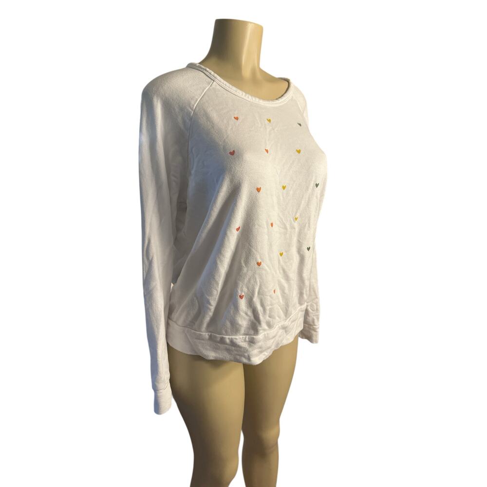 Women 3 L Sundry Pullover White Sweatshirt Rainbow Hearts All-Over Print